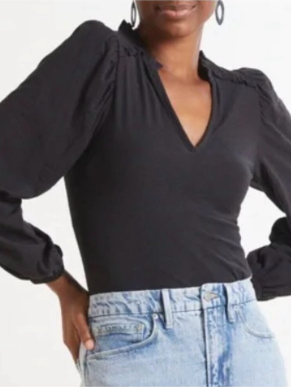 Nation LTD Claudine Black Yoked Long Puff Sleeve Ruffle V Neck T-Shirt Size XS